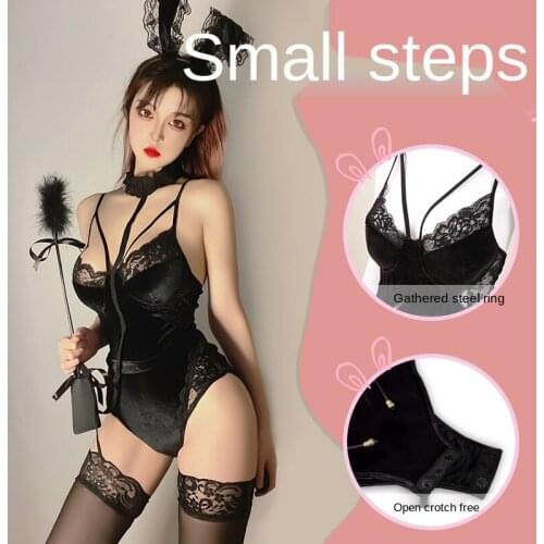 Guiruo Sexy Lingerie Sexy Deep V Velvet Stitching Lace Lovely Rabbit Girl Secretly Buckle Open File Conjoined Suit