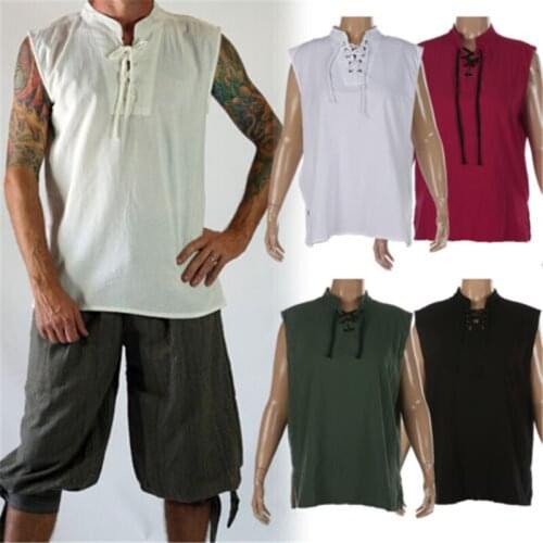 Drop Shipping Renaissance Mens Sleeveless Knight Top Shirt Medieval Peasant Pirate Cos Costume S-3XL