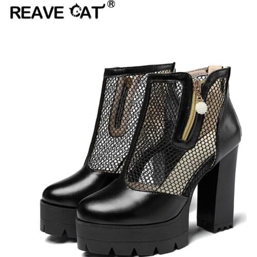 REAVE CAT Summer Ankle Boots 11cm Block Thick Heels Round Toe Hollow Out 4cm Platform Zip Pearl Black White Big Size 32-43 A3956