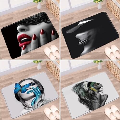 Sexy Woman Bath Mat Butterfly Flower Painted Black Art Pattern Non-slip Rugs Flannel Home Decor Bathroom Kitchen Entrance Carpet