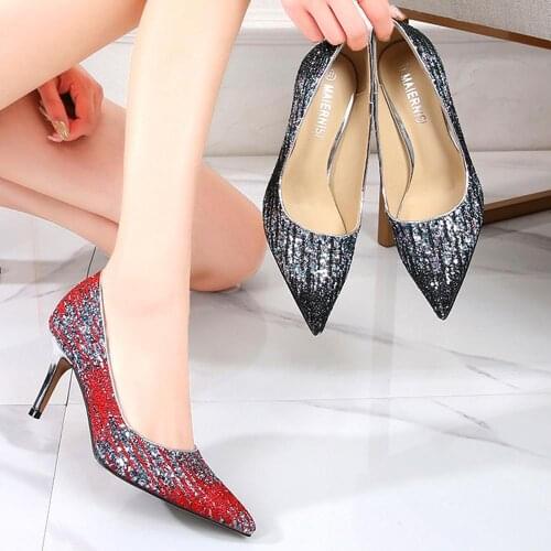 Pumps Pointed Sequined Women Shoes Wedding Fashion Comfortable Kitten Heels Large-Size 46 Female Shoes 2020 Tacones Mujer 5538