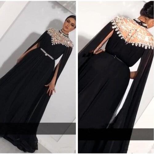 2019 Sheer Bling Bling Crystals Kaftan Prom Dresses Long Sleeves Yousef Aljasmi High Neck Black Chiffon Arabic Evening Gown