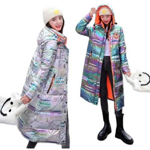Bright Face Big Rainbow Newspaper Printing Winter Coat Women Plus Size Womens Parka Jacket New Fashion Casual Thick Long Jacket