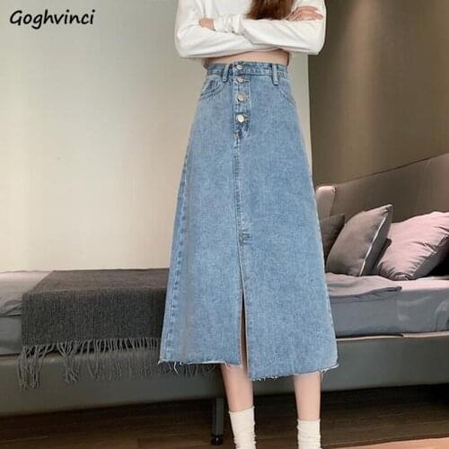 Women Denim Skirts Solid Mid-calf Fur-lined Distressed Vintage Trendy High Waist Streetwear All-match Retro Elegant Slit Design