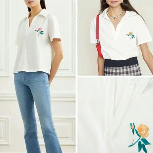 Women T-Shirt Floral Printing Embroidery White Cotton Turn-Down Collar Short Sleeve Tee and Shirt 2021 Summer New Ladies Tops