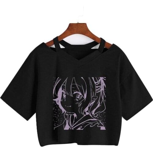 Women Gothic Punk Short Sleeve T-Shirt Anime Girl Grunge Print Crop Tops Hip hop V-neck cropped Streetwear Sexy Hollow Shirt Tee
