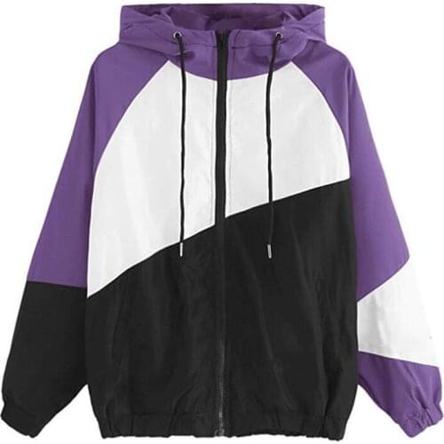 Casual contrast color womens jacket 2019 spring new womens three-color mosaic hooded long-sleeved sunscreen women jacket XL