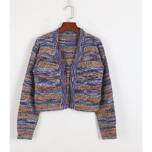 Color Striped Knit Early Autumn Retro V-Neck Long Sleeve Short Coat Top Women Fashion New Fall Winter Cardigns Brand Clothing