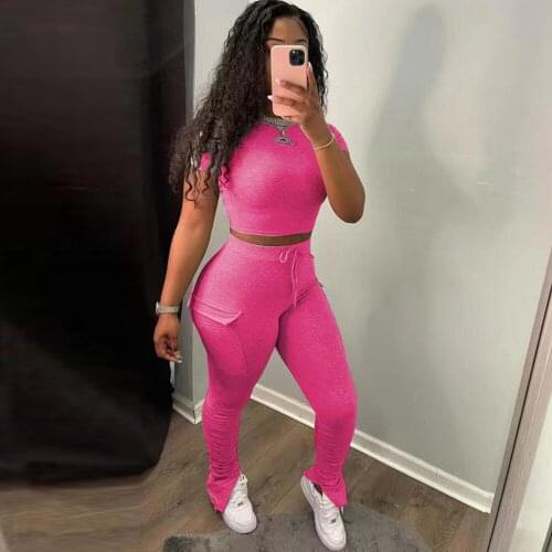Solid Sporty Two Piece Set Tracksuit for Women O-neck Short Sleeve Crop Top Side Pockets Stacked Sweatpant Fitness Club Outfit