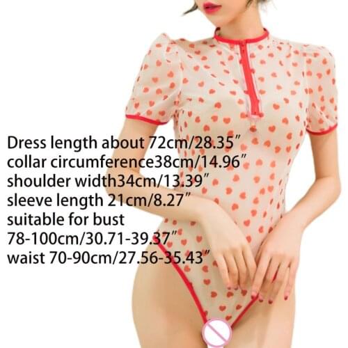 Women Erotic Sheer Mesh Heart Print Bodysuit Lingerie Short Sleeves Zipper Front Rompers See-Through Babydoll Nightwear