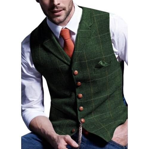 Mens Suit Vest Notched Plaid Wool Herringbone Tweed Waistcoat Casual Formal Business Groomman For Wedding