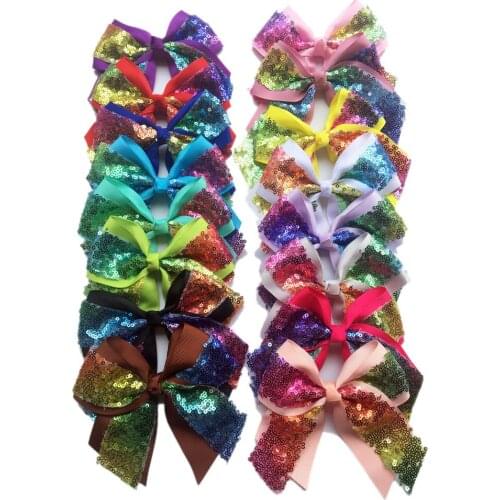 12Pcs/lot 2017 latest 4.3" Rainbow Sequin Bow With Clip pure Handmade Ribbon Boutique Bling Bows Hairgrips Barrettes for girl