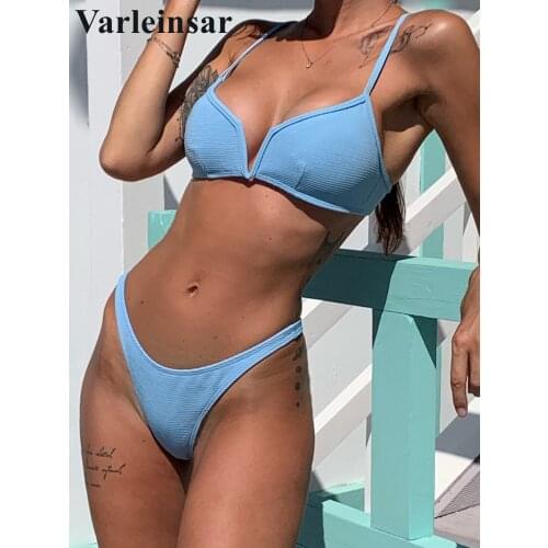 5 Color Ribbed Thong V Shape Bikini 2021 Women Swimwear Swimsuit Female Two-pieces Bikini set High Cut Bather Bathing Suit V1335