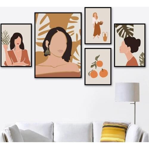 Abstract Girl Orange Monstera Bottle Avocado Nordic Posters &Prints Wall Art Canvas Painting Wall Pictures For Living Room Decor