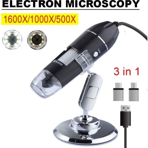 Adjustable 1600X 3 in 1 USB Digital Microscope Type-C Electronic Microscope Camera For Solding 8 LED Zoom Magnifier Microscope