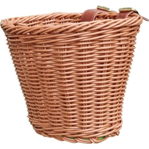 D-Shaped Vintage Rattan Bicycle Wicker Bike Front Baskets Kids Cart Craftsmanship Handlebar Storage Shopping Box Leather Straps