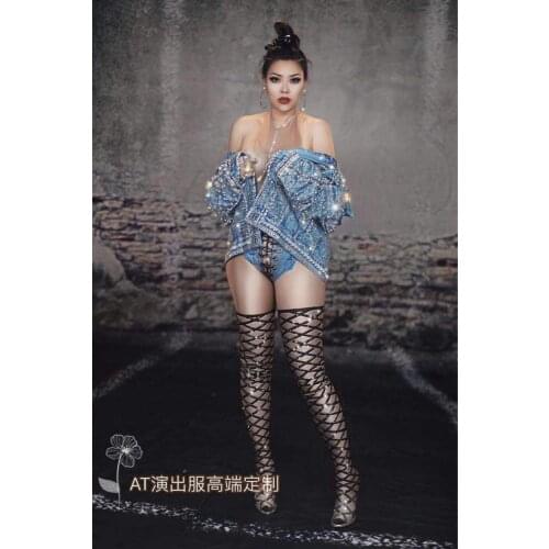 Man Women Pearl Rhinestones Blue Denim Jacket Fashion Tide Hip Hop Rock Rap Singer Crystals Loose Cowboys Coat Dancer Costume