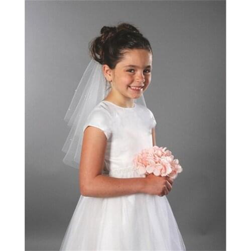 ISHSY Wedding Flower Girls First communion Veils Beaded Double Layers Children Kids Tulle Veil Voiles Fille velos de Novia