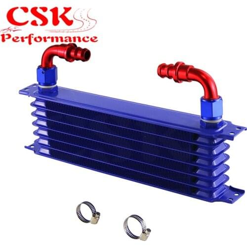 Universal 7 Row AN10 Engine Transmission Trust Oil Cooler+ 90 degree Hose Fittings Gold/Blue