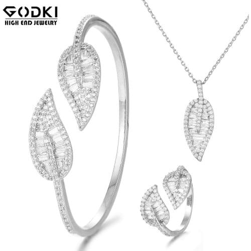 GODKI Luxury Leaf Bangle Ring Sets Cubic Zirconia CZ Dubai Bridal Jewelry Sets For Women Wedding brincos para as mulheres 2020