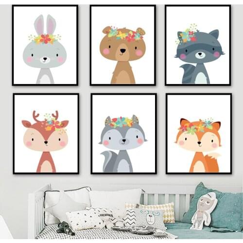 Bear Fox Deer Rabbit Wolf Cartoons Animal Wall Art Canvas Painting Nordic Posters And Prints Wall Pictures Baby Kids Room Decor