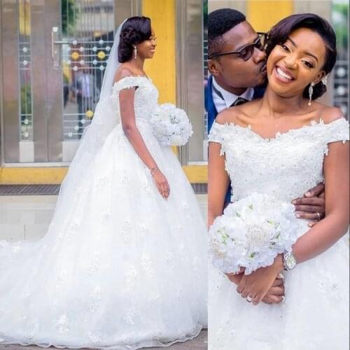 Fancy Off The Shoulder ball gown Wedding Dress lace Appliques Beads Covered Buttons Bridal Gowns Tulle Plus Size Wedding gowns