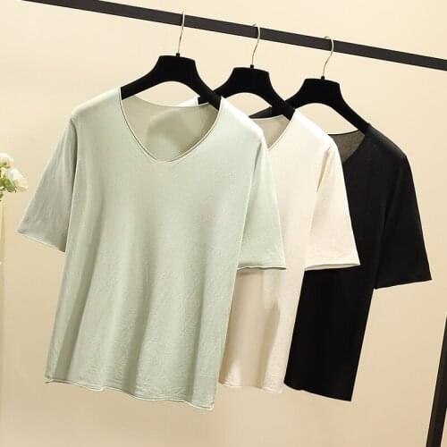 The new spring and summer dress fat younger sister make big yards short sleeve blouse easy show thin meat pure color T-shirt gir