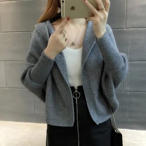 Solid Knitted Y2k Korean Sweet Cardigan Women Harajuku Loose Long Sleeve Hooded Sweaters Cardigan Warm Harajuku Jacket Sweater