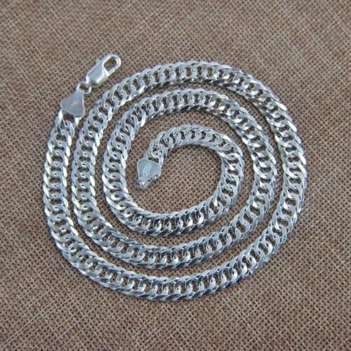 100%S925 sterling silver double buckle necklace mens whip silver neck chain Korean version of the trendy male handsome wild 8mm