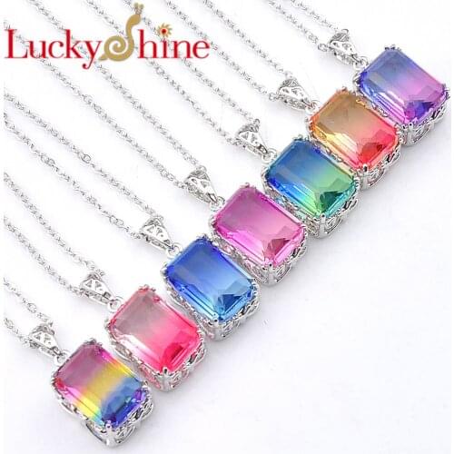 Promotion Hot Luckyshine square Design Pendants Bi-Colored Tourmalin Gem Silver Necklaces For Women Engagement Gift Jewelry