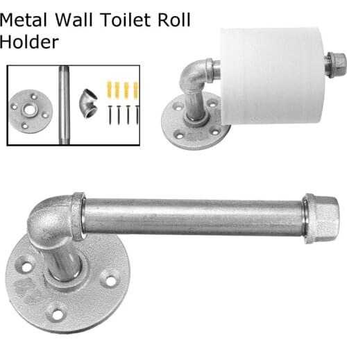 Industrial Silver Urban Rustic Iron Pipe Toilet Paper Roller Holder Bathroom Wood Shelf Storage Tissue Hanging Rack Wooden Shelf