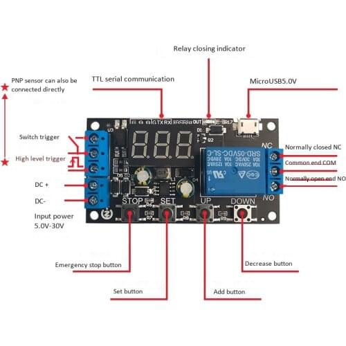 ZK-TD2 1 Channel DC 5 -30V Trigger Delay On/Off Cycle Timer Relay Switch Module with Digital LED Display Micro USB 0.1s -999min