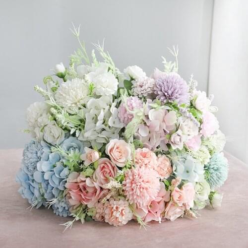 Rose Pink Silk Hydrangea Artificial Flowers Wedding Bridal Bouquet 7 Branch Fake Plants for Home Wedding Decoration indoor