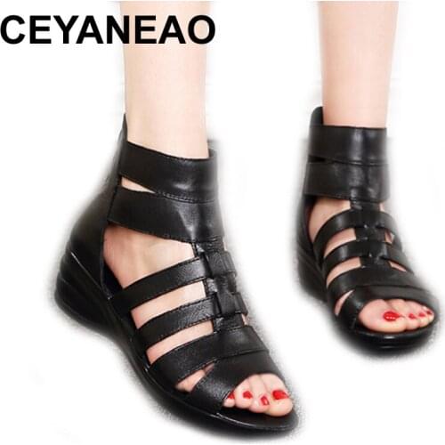 CEYANEAONew Summer Female Sandals Genuine Leather Soft Outsole Comfortable Women Sandals Shoes Open Toe Women Wedges Sandals