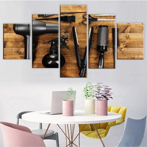 Modern Hairdresser Barber Tools beauty salon Patterned 5 Panels Canvas Poster Pictures Hair Shop Decor Wall Art Hanging Painting