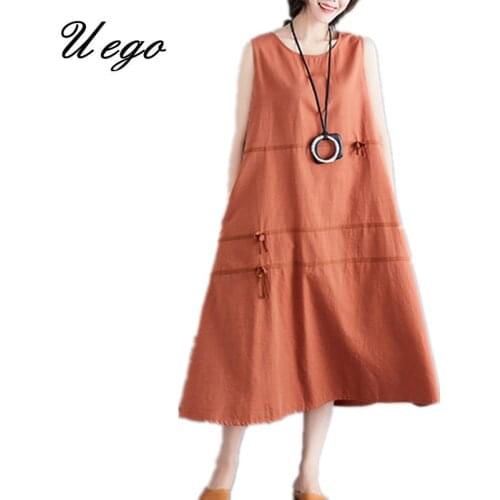 Uego Sleeveless Loose Summer Tank Dress Cotton Linen Korea Design Preppy Style Dress Plus Size Women Casual Midi Party Dress