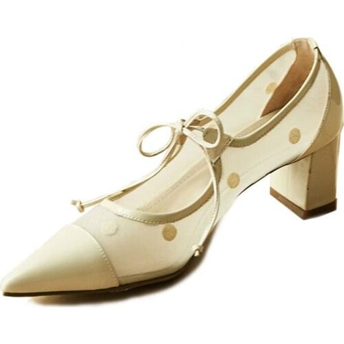 Genuine Leather Pointed Toe Womens Pumps 2020 New Summer Shallow Lace-Up High Heel Comfortable Sheepskin Ladies Party Shoes