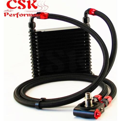 10AN 32MM 15 Rows Universal Engine Oil Cooler+73 degree Thermostat Sandwich Plate kit Black