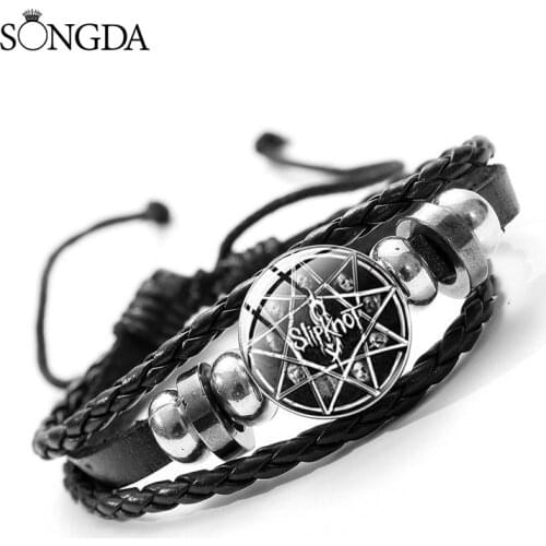 Vintage Rock Band Slipknot Leather Bracelet Glass Art Snap Button Hip Hop Handmade Multi-layer Bangle for Women Men Jewelry Gift