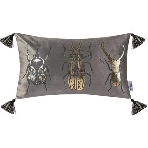 High Grade Grey Velvet Cushion Cover Decorative Gray Plush Pillowcase Insects Pattern Throw Pillow Cover With Tassel