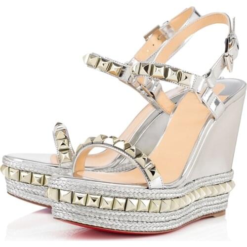 Rivet Wedges Sandals Waterproof Super High Heel Summer Women Shoes Ankle Buckle Round Open Toe Cut Out Silver Sandals