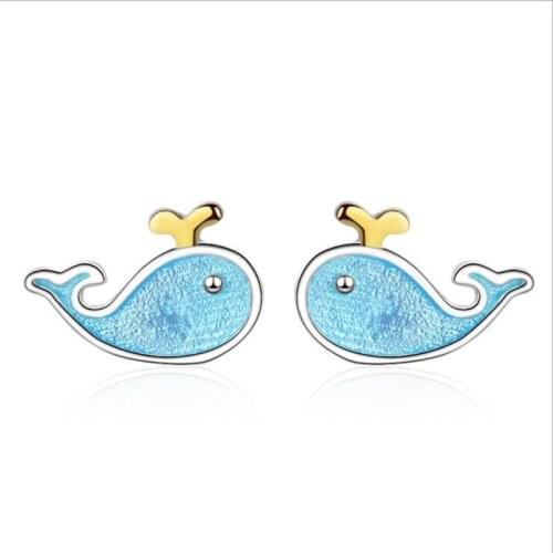 KOFSAC New Fashion 925 Sterling Silver Stud Earrings For Women Girl Cute Blue Ocean Small Whale Earring Party Jewelry Gifts 588