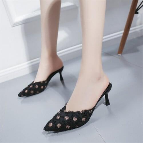 Flock White High heels slippers women 2019 Autumn Summer shoes women Fashion Pointed Hollow Mules Slides Thin Heel Party shoes