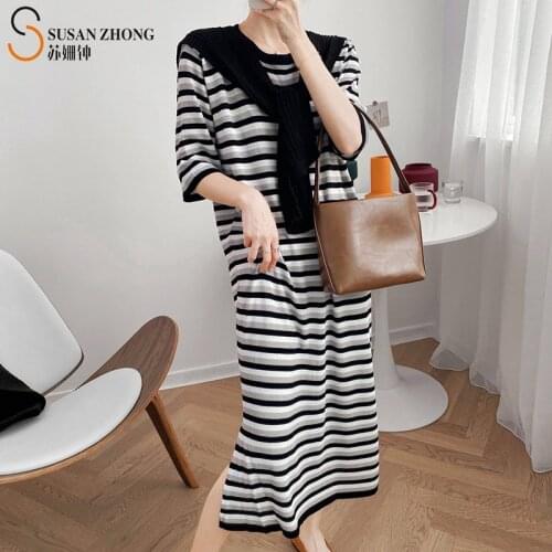 Women Female Dress One-Piece Elegant Casual Stripe Loose Long Knitted H-Line Stretch Fabric Homewear Side Slit Minimalist Autumn