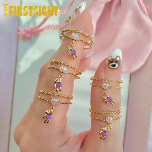 2021 New Gold Color Pink Color Heart CZ Ring Cubic Zirconia Cute Lovely Bear Charm Adjusted Size Finger Rings Fashion Women