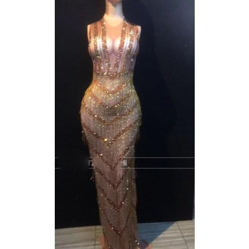 Women Sleeveless Tassel Party Dress Sexy Gold Rhinestones Club Dress Luxury Floor Length Bodycon Dress Singer Stage Costume