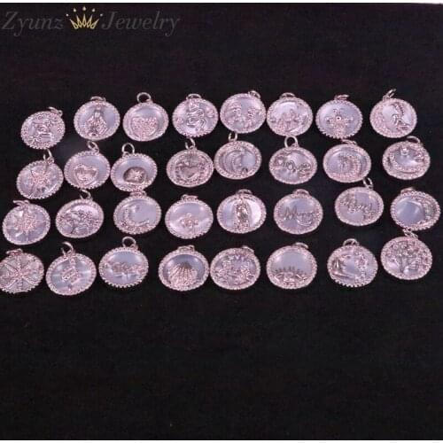 10PCS, Clear CZ Micro Pave Heart Moon Jesus Eye Star on Mother-of-pearl Pendant Charm, Silver Color Cubic Zirconia Charm