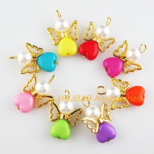 16 New Angel Charms Gold Color Mixed Solid Acrylic Heart Pendants 18x27mm