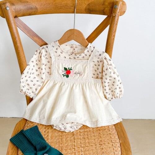 2021 Autumn Newborn Baby Toddler Girls Long Sleeve Bodysuit Floral Print Lace Collar Cotton Jumpsuit Fake Two Piece Clothes 0-2y