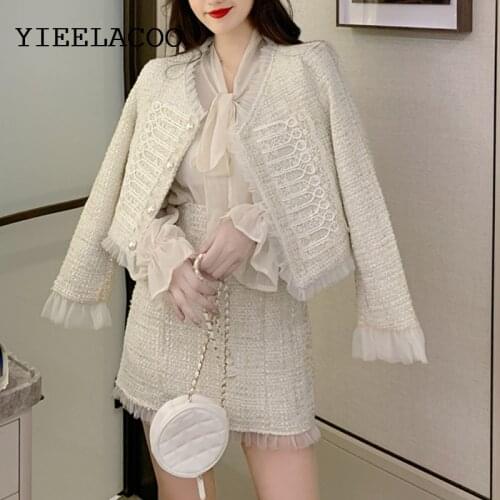 Beige Professional suit tweed jacket + skirt suit Autumn / Winter womens jacket Business ladies 2 piece Elegant Skirt Set